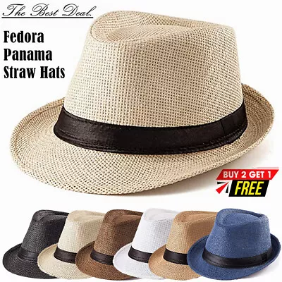 Unisex Straw Fedora Panama Hat Summer Sun Short Brim Floral Trilby Cuban Cap Hat • $12.88