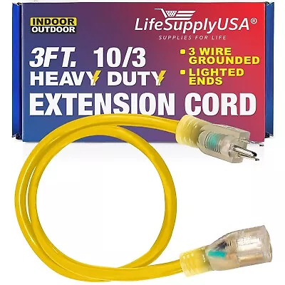 LifeSupplyUSA Power Extension Cord 10 Gauge/3 Prong 15 Amp 3 Ft Yellow • $15.59