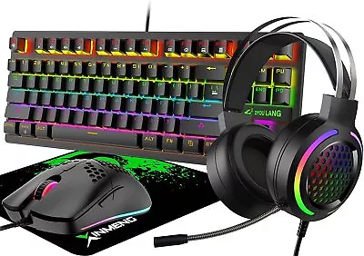 4in1 Gaming Keyboard Mouse And Headset Combo For PC PS4 Wired Rainbow Mechanical • $85.49