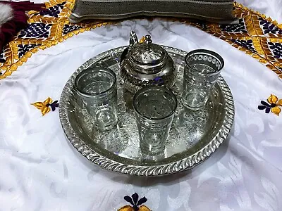 Handmade Moroccan Tea Set 3 Cups Tea Glasses Teapot Silver Tea Tray *Brand New** • $99.99