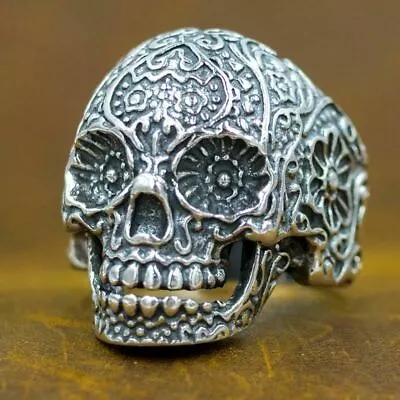 Mexican Tribal Flower Skull 925 Sterling Silver Ag Authentic Genuine Mens Ring • $64.88