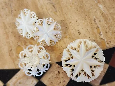 Edwardian Victorian Lacy Carved Mother Of Pearl Pin MOP Star BROOCH & EARRINGS • $29