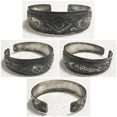 Vintage Textured Silver Plated TWO KOI FISH Cuff Bracelet • $17.99