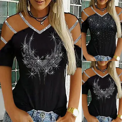 Womens Sparkly Cold Shoulder Tops Blouse Ladies V Neck Printed Summer T Shirts • £2.99