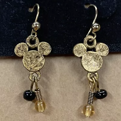 Rare Disney Mickey Mouse Dangle Hook Earrings Gold Tone Black Bead FREE SHIP! X • $14.45