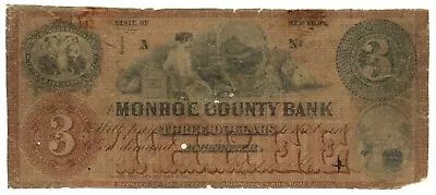 1857 Monroe County Bank Rochester New York $3 Obsolete Note No.2984 (59908) • $265