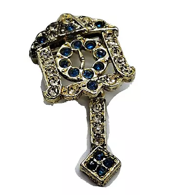 Vintage Rhinestone Articulated Clock Brooch - Blue And Clear Rhinestones • $5