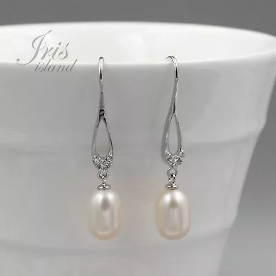 $17.99 • Buy White Pearl Freshwater CZ 925 Sterling Silver Hook Drop Dangle Earrings 07960