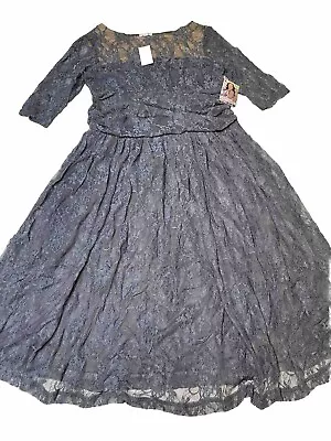 Kiyonna Womens Dress 1X Gray Blue Luna Lace Stretch Fit & Flare Ruching Midi NWT • $78.88