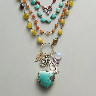 SUNDANCE Jes MaHarry Heartfelt Multi Stone Turquoise Sterling Leather Necklace • $1497