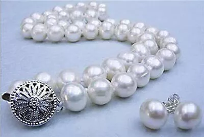 Real Natural 10-11MM White Akoya Cultured Pearl Necklace Earrings Set 18  AAA • $17.99