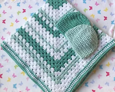 Crochet Baby Blanket Gift Set - Seascapes And White - Blanket And Hats • £0.99