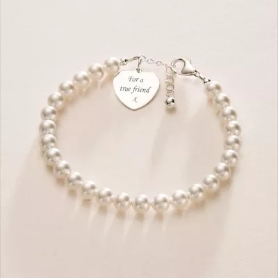 Engraved Bracelet  Personalised Engraving Silver And Pearl Adjustable Size • £27.99