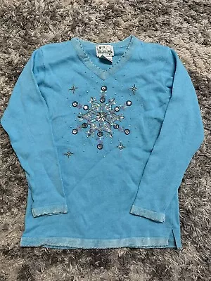 The Quacker Factory V Neck Blue Snow Flake Knit Sweater Sz XS Embroidered Gems • $13.05