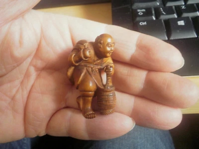 £24.99 • Buy Hand Carved Wood Netsuke Japanese Fisherman With Net And Basket Collectable ...2