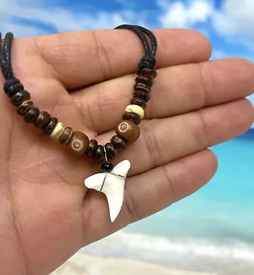 Real Mako Shark Tooth Pendant Surfer Necklace For Men Boys Wood Beads Handmade • $13.95