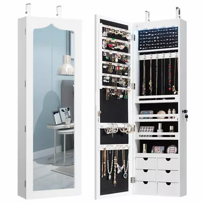 Wall Door Mounted LED Mirror Jewelry Cabinet Lockable Armoire W/6 Drawers White • $119.98