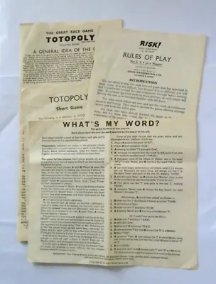 Vintage Waddington`s Totopoly - Risk - Whats My Word - Instruction Sheets • £5.94