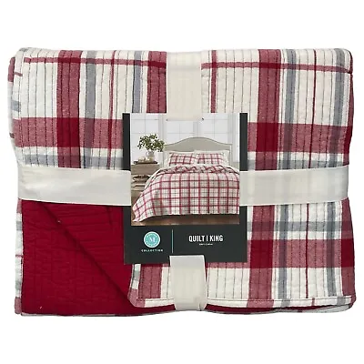 Martha Stewart Windowpane Yarn Dye Flannel KING Quilt MULTI / RED • $69.16