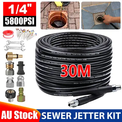 30M 1/4  5800PSI Pressure Washer Hose Sewer Jet Pipe With Quick Connect Nozzles • $53.95