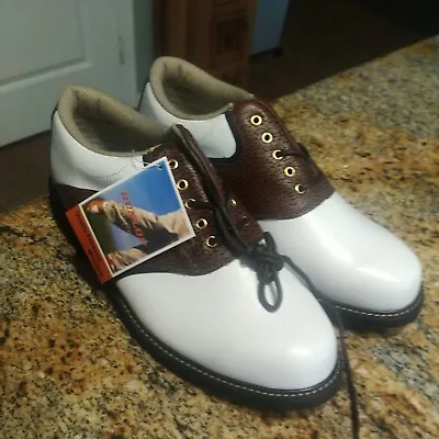 NWT Vintage Dunlop Men's Size 9.5 White/Brown Leather Saddle Golf Shoes • $57.20