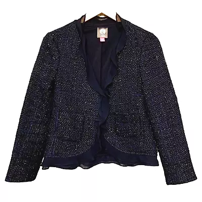 Vince Camuto Navy Blue Sparkle Tweed Boucle Ruffle Blazer Jacket Size 0 • $33.75