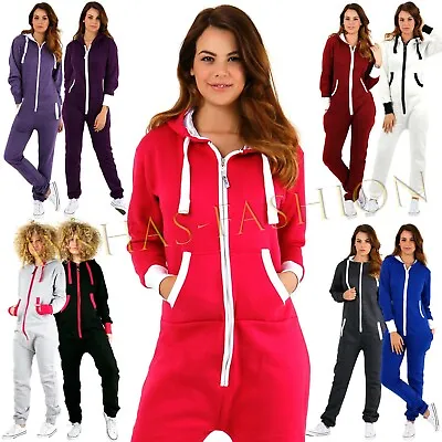 Womens Plain Jumpsuit Ladies All In One Peice Hooded Zip Up Playsuit S-5XL 8-24 • £19.89