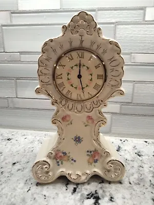 Vintage Mantle Clock 8  Lux Clock Co. Gold Trim Flowers Roman Numeral WORKS • $29.95