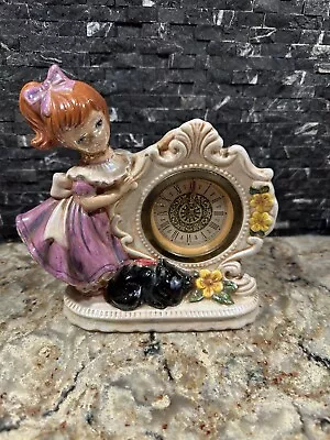 Narco Wind Up Clock Red Haired Girl Pink Dress Black Cat Made In Germany • $66.81