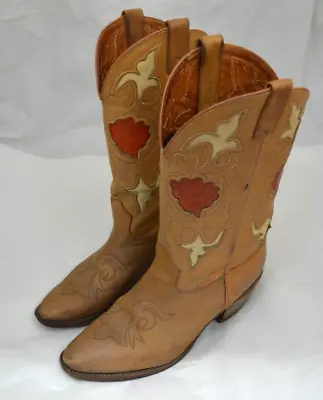 Womens Vintage TEXAS Boot Co Brown Leather Inlay Cowboy Western Boots Size 9.5 M • $99.99