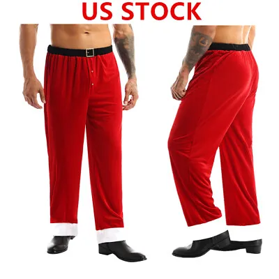 Men's Christmas Santa Claus Velvet Long Pants Buckle Trousers Cosplay Costume • $29.43