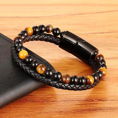 Obsidian Tiger Eye Beaded Protection Strength Healing Men Leather Bracelet Gifts • $13.50