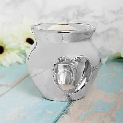 £9.25 • Buy Silver Polished Borosilicate Glass Heart Tealight Holder Wax Oil Warmer Burner