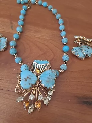 Vintage Hobe Heart Shape Murano Glass Turquoise Necklace And Earrings Set L03 • $249.99