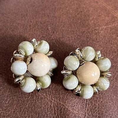 Vintage 1980's MARVELLA  Gold Tone Round  Soft Green Cream Clip On Earrings • $14