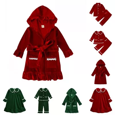 Kids Baby Christmas Pyjamas Xmas Velvet Nightgown Bathrobes Tops Pants Sleepwear • £18.99