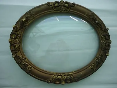 Vintage Oval Wooden Convex Glass Picture Frame In Floral Gesso Relief  • $125