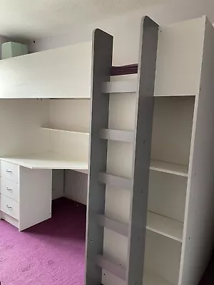 Mrs Flatpack Single High Sleeper Cabin Bed Desk Wardrobe Drawers Shelves White • £35