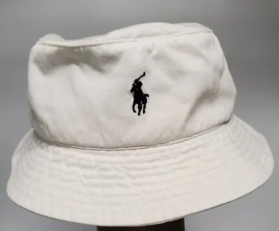 Vintage Polo Ralph Lauren Bucket Hat White  Cotton Navy With Blue Horse Logo • $29