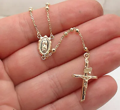 $531 • Buy 3mm 18  Diamond Cut Medallion Cross Rosary Chain Necklace Real 10K Yellow Gold 