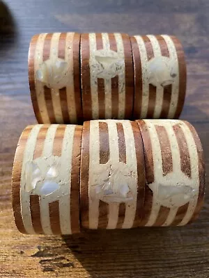 Natural Wood And Mother Of Pearl Napkin Ring Holders Inlay Set Of 6 • $15.99