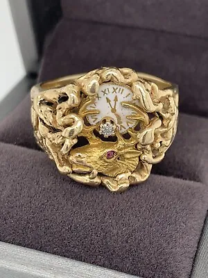 Elk And Clock Ring In 14K Yellow Gold Size 13 BPOE Diamond & Synth Ruby Vintage • $2500