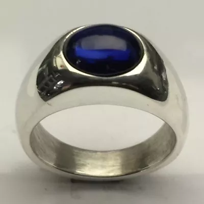 MJG STERLING SILVER BEZEL SET RING. 8 X 10mm OVAL LAB SAPPHIRE CABOCHON. SIZE 9 • $95.83