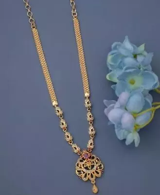 Ethnic AD Indian Bollywood 22k Gold Plated Chain CZ Jewelry Necklace Bridal Set • $29
