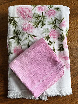 Vintage Martex Terri-Down All Cotton Bath Towel And Wash Cloth Pink Roses Fringe • $12.95