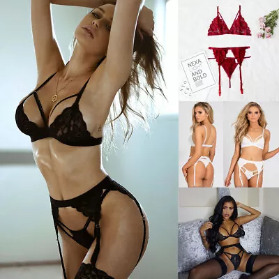 £8.27 • Buy Women Lace Bra Suspender Belt And Matching G-String Garter Bra Set Underwear HOT