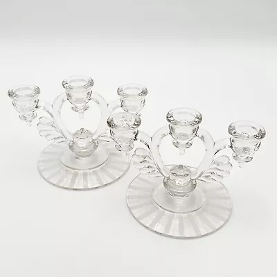 Crystal Candelabra Candlestick Holders Glass Triple Viking Moonglow Pair Vtg • $29.98