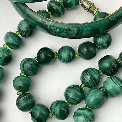 Vtg Genuine Green Malachite Graduating Bead Necklace 2 Inlay Bangle Brass Set • $32.99