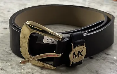 MICHAEL KORS Women's Belt MK Logo Faux Brown Leather Gold Buckle Sz Large $45.00 • $19.99