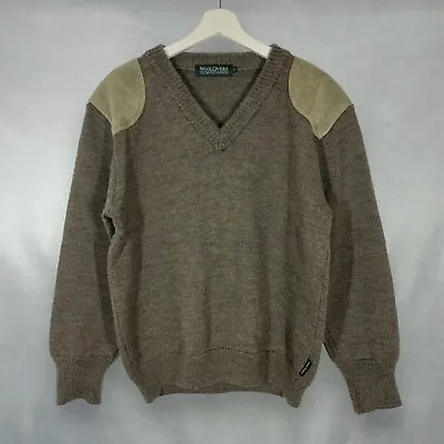 Woolovers Heavyweight V-Neck Wool Jumper Suede Elbow Patches Mens M • £24.99